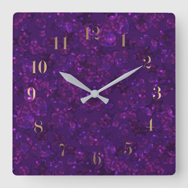 purple confetti square wall clock (Front)