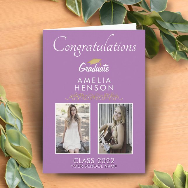 Purple Congratulations Graduate 2 Photo Graduation Card (Creator Uploaded)