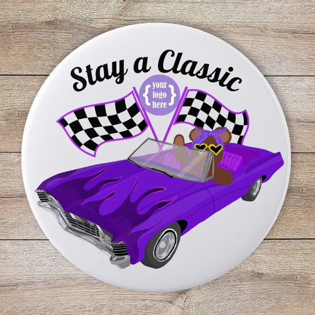 Purple Convertible Classic Car, Chequered Flags 10 Cm Round Badge (logo promotional purple car show car club girl's youth organization fund raiser, bear in a race car)