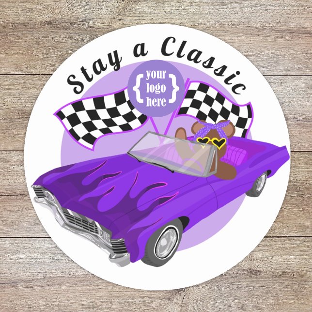 Purple Convertible Classic Car, Chequered Flags Classic Round Sticker (purple class car show logo sticker, bear driving a convertible, girls youth organization club logo)
