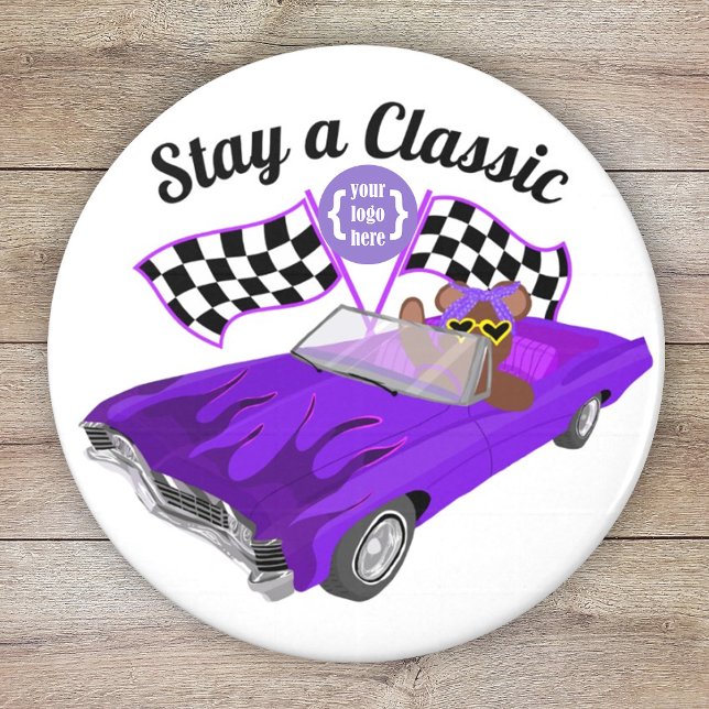 Purple Convertible Classic Car, Chequered Flags Magnet (purple car club, car show fund raiser, girl's youth organization logo magnet, event party favor)