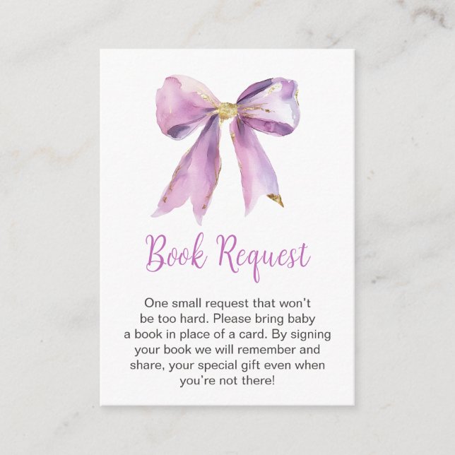 Purple Coquette Bow Baby Shower Book Request Enclosure Card (Front)