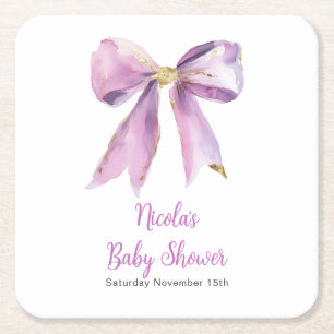 Purple Coquette Bow Baby Shower Square Paper Coaster