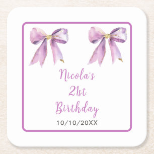 Purple Coquette Bow Birthday Party Square Paper Coaster
