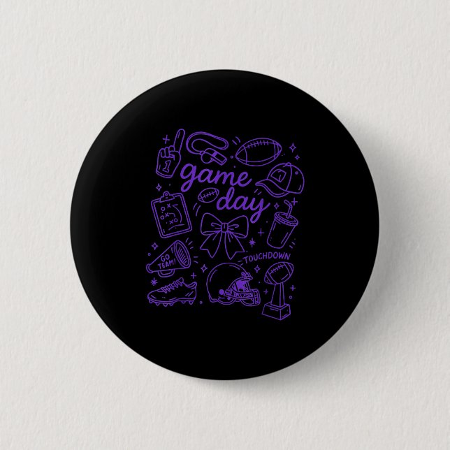 Purple Coquette Bow Cheer Game Day Doodle Touchdow 6 Cm Round Badge (Front)