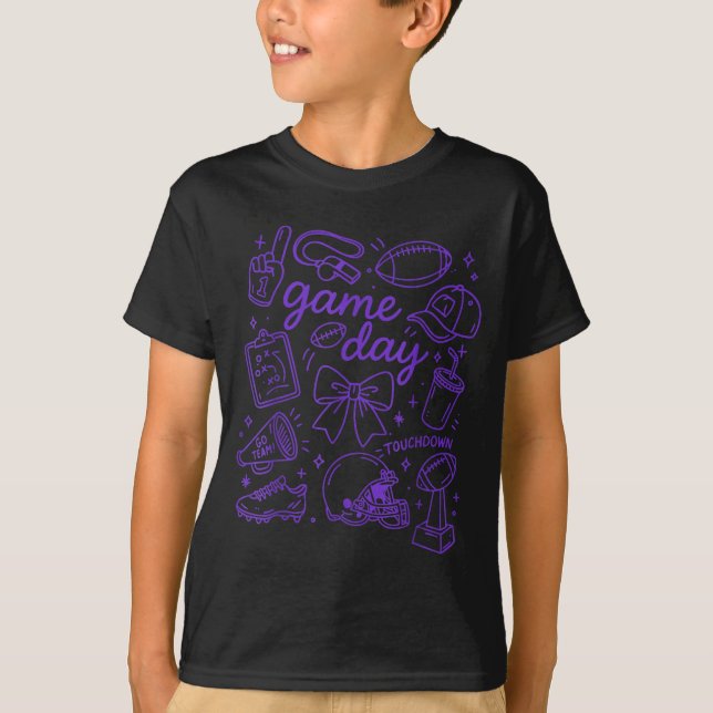 Purple Coquette Bow Cheer Game Day Doodle Touchdow T-Shirt (Front)