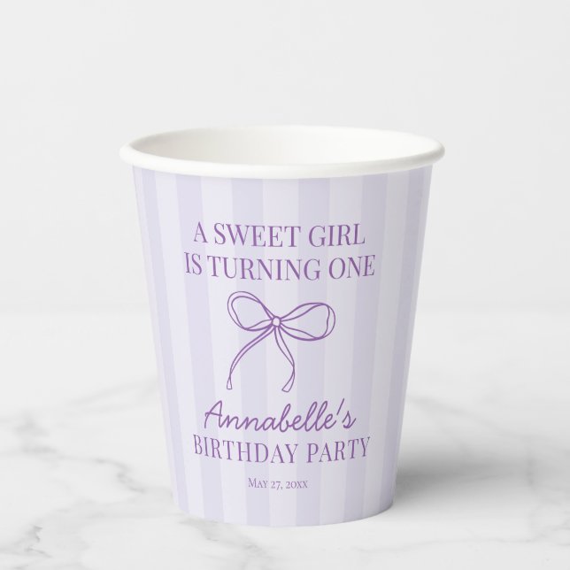 Purple Coquette Bow Pastel Birthday Table Decor Paper Cups (Front)