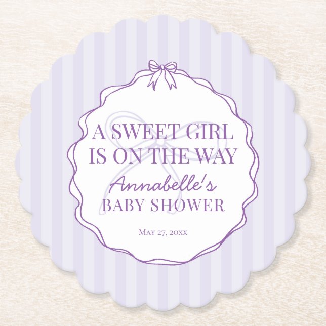 Purple Coquette Bow Pastel Lavender Baby Shower  Paper Coaster (Front)