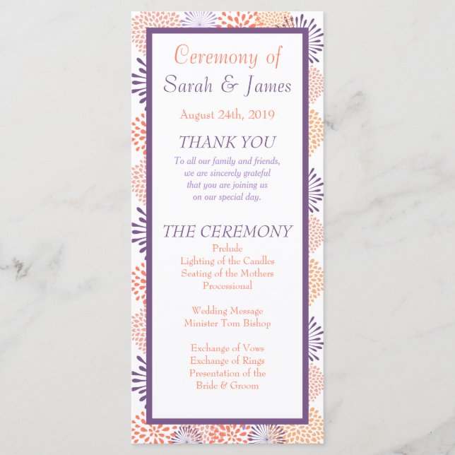 Purple & Coral Floral Blossoms Wedding Ceremony Programme (Front)