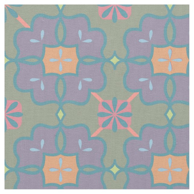 Purple, Coral, Green and Orange Floral Beauty Fabric (Close Up)