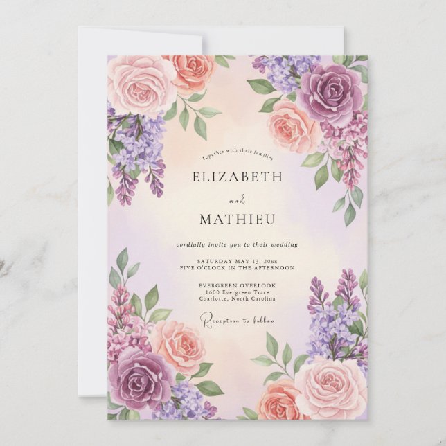 Purple Coral Lavender Eucalyptus Wedding Invitation (Front)