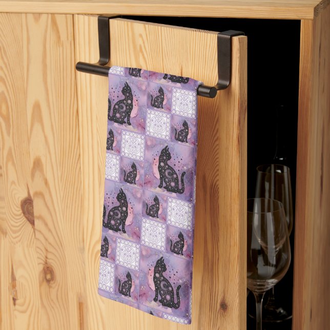 Purple Cosmic Cats Patchwork  Tea Towel (Thirds Fold)