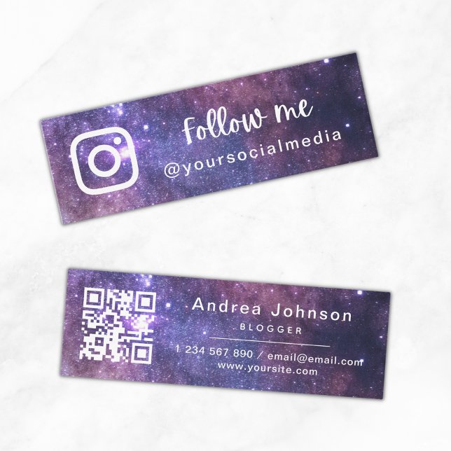 Purple Cosmic Galaxy Follow Social Media QR Code Mini Business Card (Creator Uploaded)