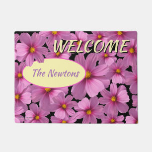 Purple Cosmos Flower Design on a Black Background Doormat