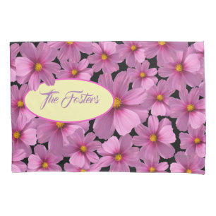 Purple Cosmos Flower Design on a Black Background Pillowcase