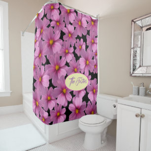 Purple Cosmos Flower Design on a Black Background Shower Curtain