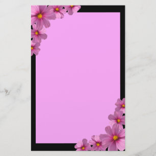 Purple Cosmos Flower Design on a Black Background Stationery