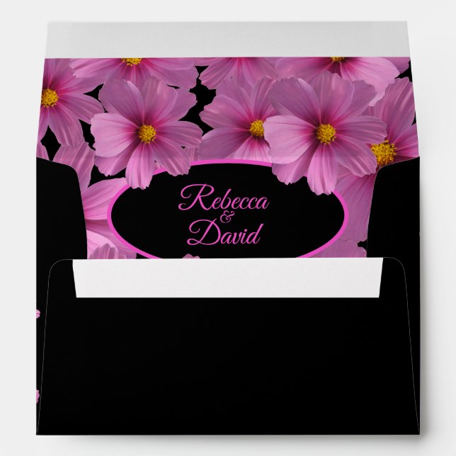 Purple Cosmos Flowers on Black Background Wedding Envelope (Back (Bottom))