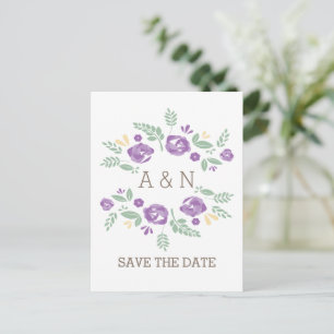 Purple Country Floral Monogram Save the Date Announcement Postcard