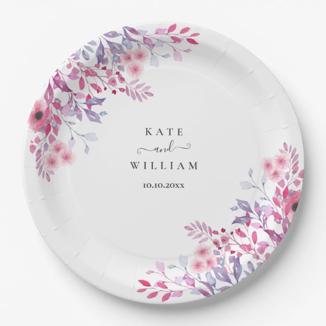 Purple Country Wildflowers Floral Watercolor Paper Plate (Front)