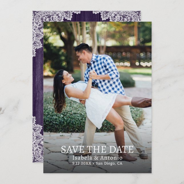 Purple Country Wood Floral Lace Wedding Photo Save The Date (Front/Back)