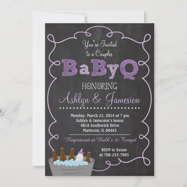 Purple Couples BabyQ BBQ Baby Shower Invitation (Front)