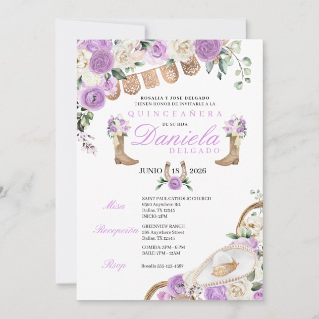 Purple Cowgirl Boots & Ropes Mariachi Quinceañera Invitation (Front)