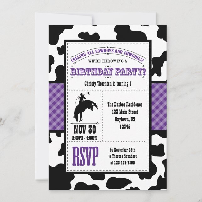 Purple Cowhide Cowboy Birthday Invitation (Front)