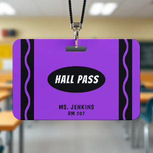 Purple Crayon Teacher Student Classroom Hall Pass ID Badge