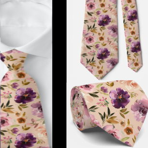 Purple Cream Blush Pink Watercolor Floral  Neck Ti Tie