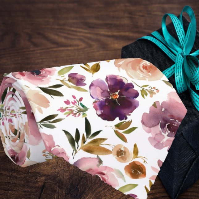 Purple Cream Blush Pink Watercolor Floral  Tie (Creator Uploaded)