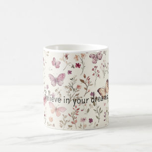 Purple Cream Butterflies Floral Believe Dreams Coffee Mug