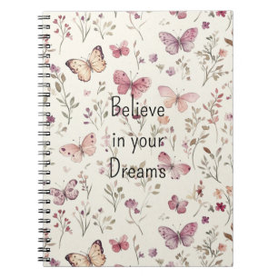 Purple Cream Butterflies Floral Believe Dreams Notebook