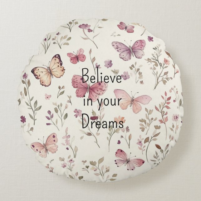 Purple Cream Butterflies Floral Believe Dreams Round Cushion (Front)
