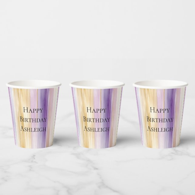 Purple Cream Iris Stripes Birthday Paper Cups (Multi)