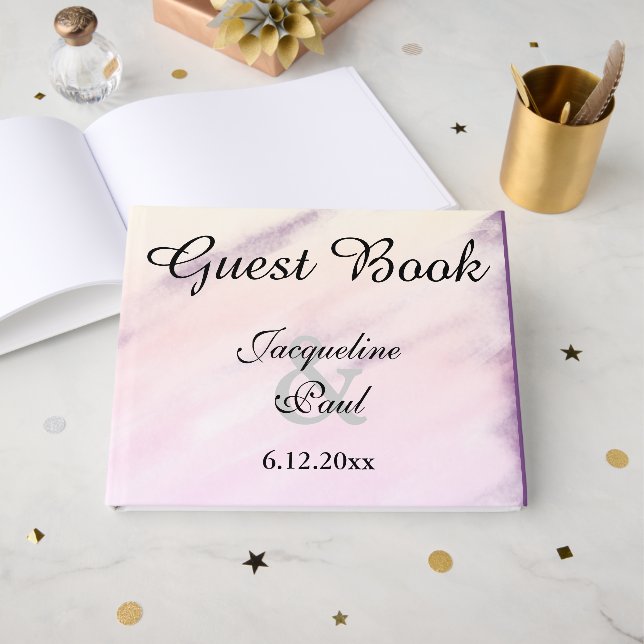 Purple Cream Watercolor Wedding Guest Book (Front Open)
