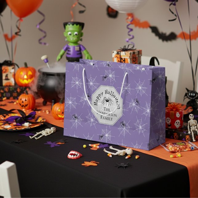 Purple Creepy Spider Webs Halloween Large Gift Bag (Fun Purple and Black Spiderweb Gift Wrap. Creepy Spider & Web Illustration for Spooky Halloween)