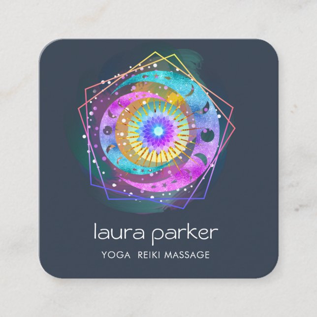 Purple Crescent Moon Mystic Lotus Eye Celestial  Square Business Card (Front)
