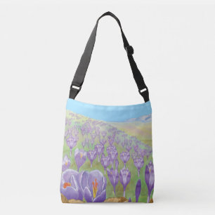 Purple Crocus Flowers on Spring Hill Illustration Crossbody Bag