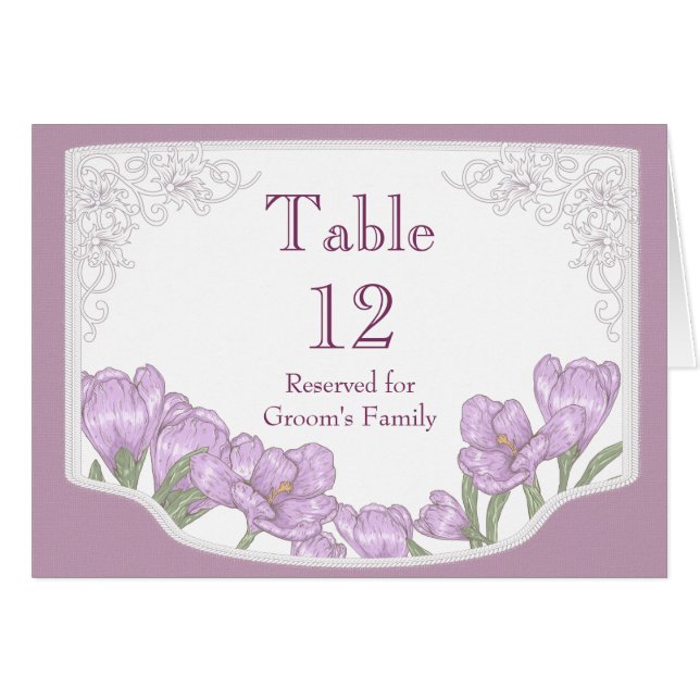 Purple Crocus Flowers Wedding Table Number (Front Horizontal)