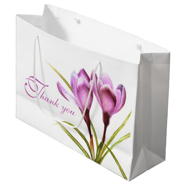 Purple crocus watercolor art thank you gift bag (Front Angled)