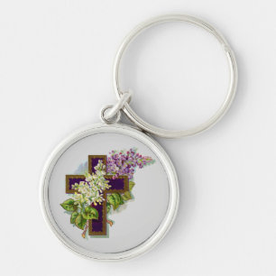 Purple Cross And Flowers Key Ring