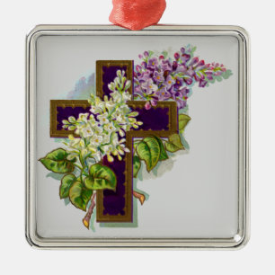 Purple Cross And Flowers Metal Tree Decoration