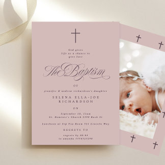 Purple Cross Calligraphy Taupe Photo Baptism Invitation