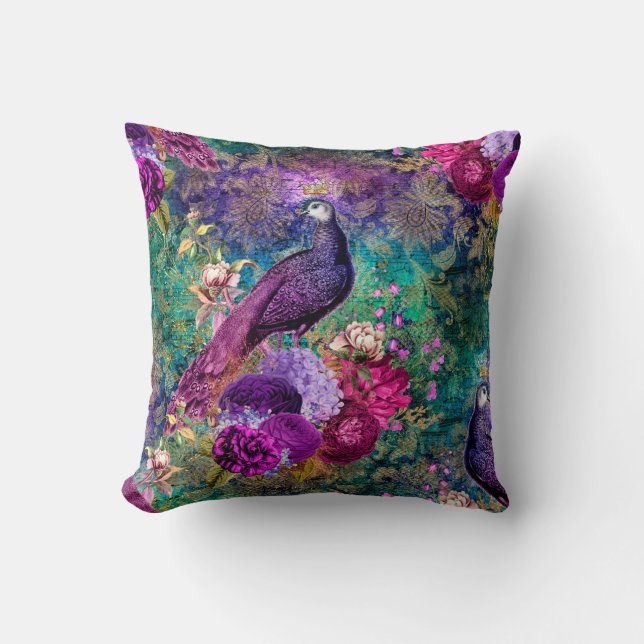 Purple Crowned Peacock with Flowers Cushion (Front)