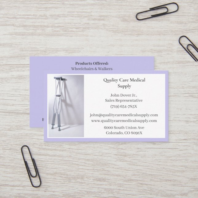 Purple Crutches Equipment Medical Senior Care  Business Card (Front/Back In Situ)