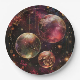 Purple Crystal Planet Galaxy Floral Cosmic Paper Plate