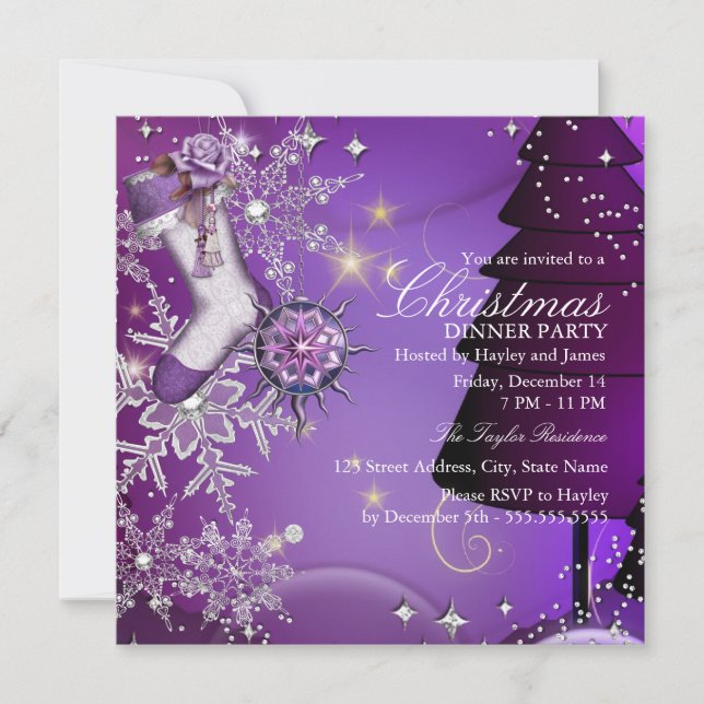 Purple Crystal Snowflake Christmas Dinner Party 4 Invitation (Front)
