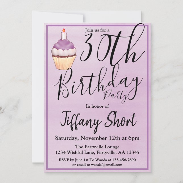 Purple Cupcake 30th Birthday Party Invitation (Front)