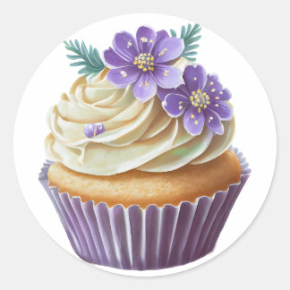 Purple cupcake with flowers birthday classic round sticker